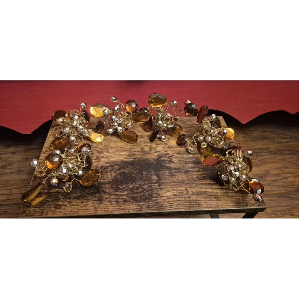 Vintage Amber Crystal Beaded Napkin Rings Gold Wire Floral Set Jewel Boho Set 6